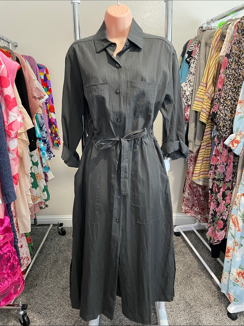 Elle Grey Button-Front Charcoal Shirt Dress with Waist Tie wit